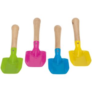 Die Handschaufel aus Metall ist eine kleine Metallschippe mit Holzgriff für Kinder ab 3 Jahren in den modernen Pastellfarben Hellgelb, Hellblau, Hellgrün und Rosa.